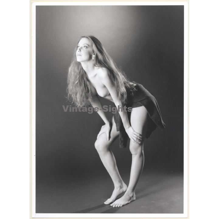 Artistic Erotic Study: Slim Longhaired Nude Bends Forward / Jumper (Vintage XL Photo France 30 x 22 CM 1980s)