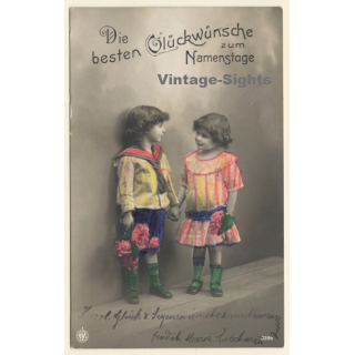 2 Little Baby Girls / Flowers - Name Day - Kitsch (Vintage RPPC 1914)