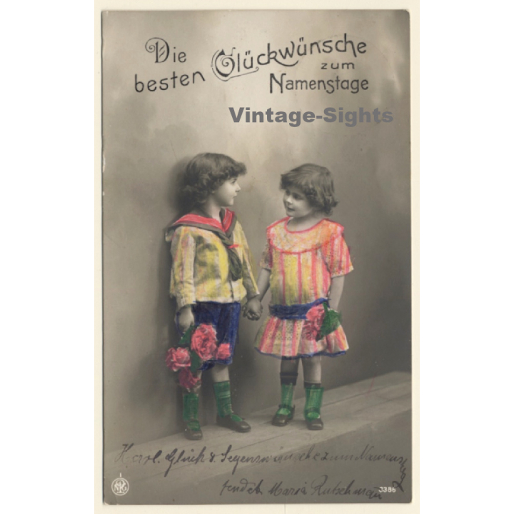 2 Little Baby Girls / Flowers - Name Day - Kitsch (Vintage RPPC 1914)