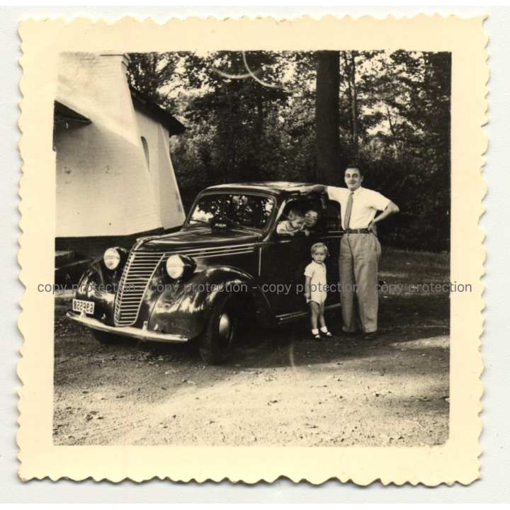 Proud Family In Front Of Fiat 1100 (Vintage Photo Africa? B/W ~1940s)