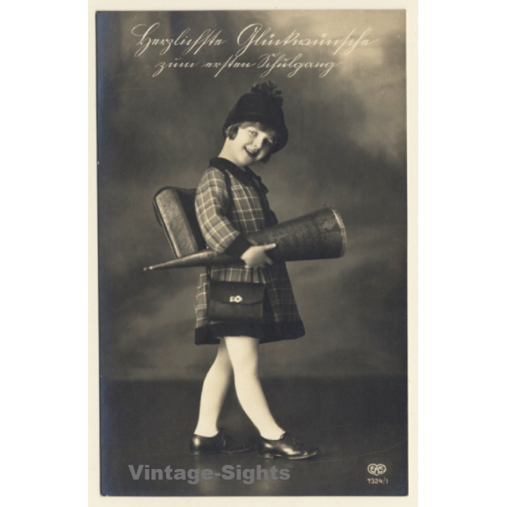 Little Girl With School Cone & Tornister / Schultüte (Vintage RPPC ~1910s/1920s)