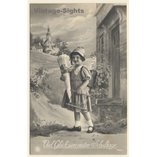 Little Girl With School Cone & Tornister *2 / Schultüte (Vintage RPPC ~1910s/1920s)