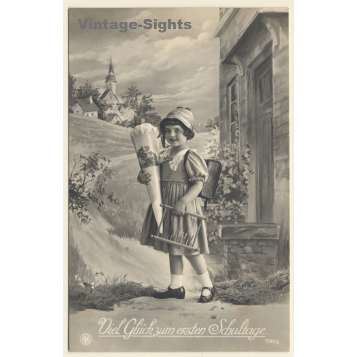 Little Girl With School Cone & Tornister *2 / Schultüte (Vintage RPPC ~1910s/1920s)