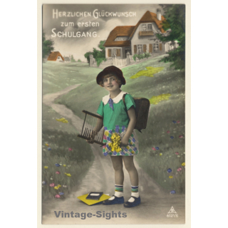 Little Girl With Abacus & Tornister / Schultasche (Vintage RPPC ~1910s/1920s)