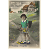 Little Girl With Abacus & Tornister / Schultasche (Vintage RPPC ~1910s/1920s)