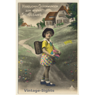 Little Girl With Schoolbooks & Tornister / Schultasche (Vintage RPPC ~1910s/1920s)