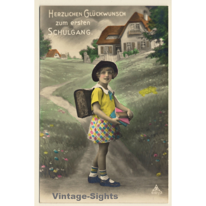 Little Girl With Schoolbooks & Tornister / Schultasche (Vintage RPPC ~1910s/1920s)