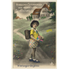 Little Girl With Schoolbooks & Tornister / Schultasche (Vintage RPPC ~1910s/1920s)
