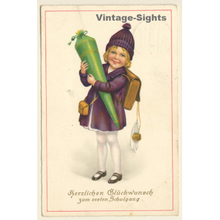 Little Girl With School Cone & Tornister *6 / Schultasche (Vintage PC 1929)