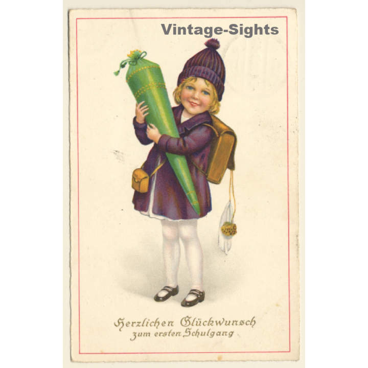 Little Girl With School Cone & Tornister *6 / Schultasche (Vintage PC 1929)