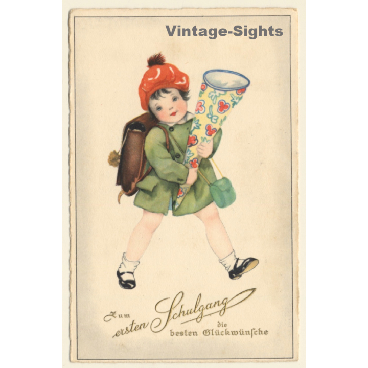 Little Girl With School Cone & Tornister *7 / Schultasche (Vintage PC ~1920s/1930s)