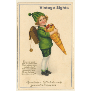 Little Girl With School Cone & Tornister *8 / Schultasche (Vintage PC ~1920s/1930s)