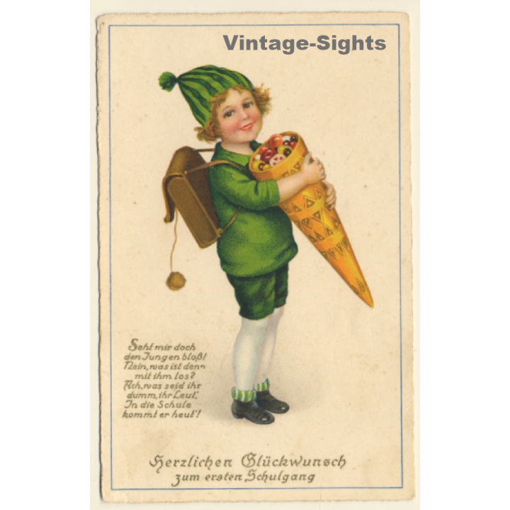 Little Girl With School Cone & Tornister *8 / Schultasche (Vintage PC ~1920s/1930s)