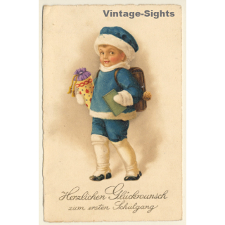 Little Girl With School Cone & Tornister *10 / Schultasche (Vintage PC ~1920s/1930s)