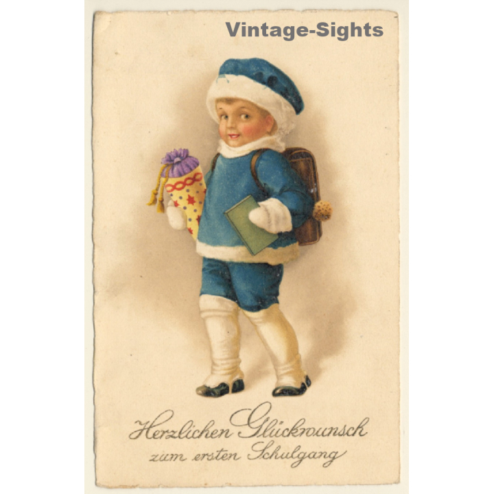 Little Girl With School Cone & Tornister *10 / Schultasche (Vintage PC ~1920s/1930s)