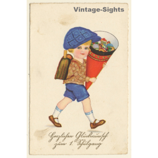 Little Girl With School Cone & Tornister *11 / Schultasche (Vintage PC 1929)