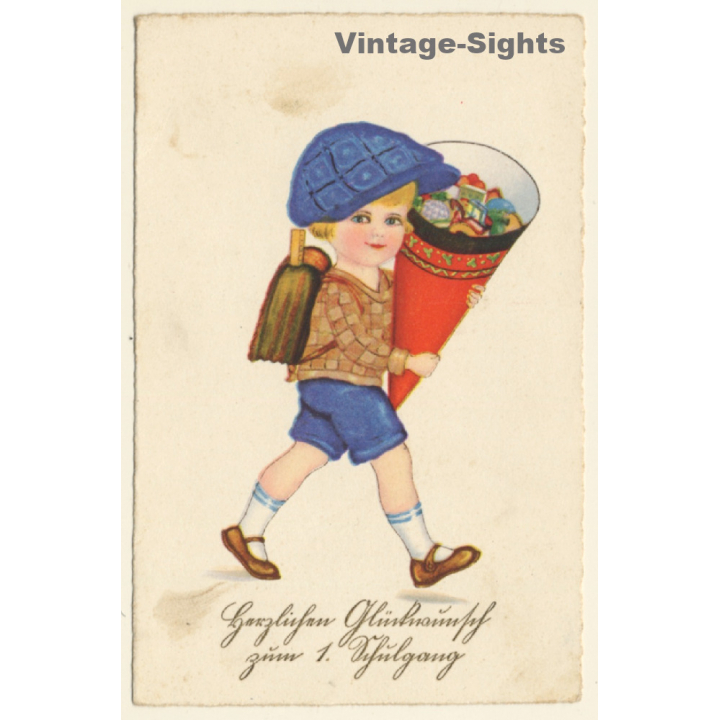 Little Girl With School Cone & Tornister *11 / Schultasche (Vintage PC 1929)