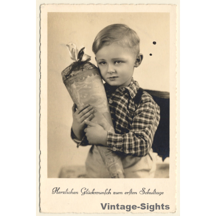 Little Boy With School Cone / Schultasche (Vintage RPPC ~1930s)