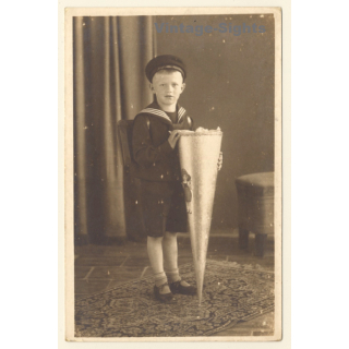 Little Boy In Sailor Suit With School Cone / Schultasche (Vintage RPPC ~1920s/1930s)