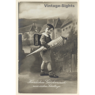 Little Boy With Tornister & School Cone / Schultasche (Vintage RPPC ~1910s/1920s)