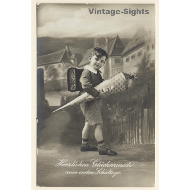 Little Boy With Tornister & School Cone / Schultasche (Vintage RPPC ~1910s/1920s)