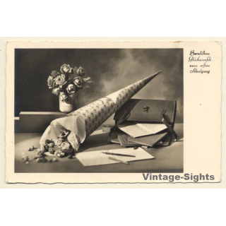 Tornister, School Cone & Flowers / Still Life (Vintage RPPC ~1910s/1920s)