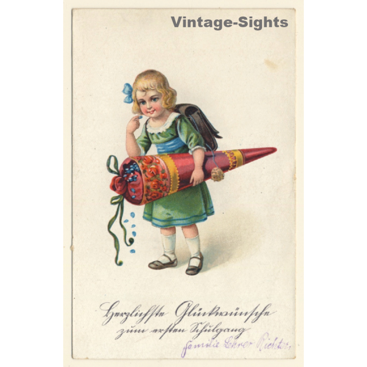 Little Girl With Huge School Cone & Tornister (Vintage PC ~1920s/1930s)