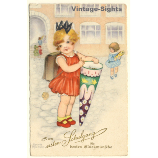 Little Girl With School Cone & Tornister (Vintage PC ~1920s/1930s)
