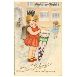 Little Girl With School Cone & Tornister (Vintage PC ~1920s/1930s)