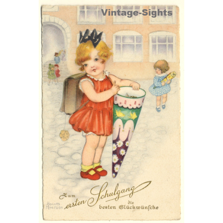 Little Girl With School Cone & Tornister (Vintage PC ~1920s/1930s)