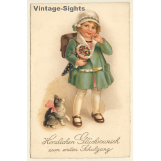 Little Girl With School Cone & Tornister / Kitten (Vintage PC ~1920s/1930s)