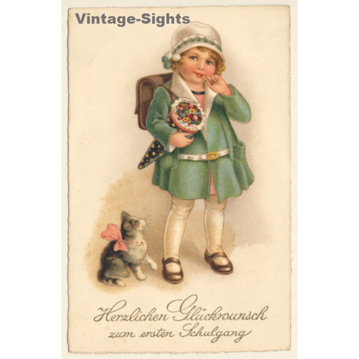 Little Girl With School Cone & Tornister / Kitten (Vintage PC ~1920s/1930s)