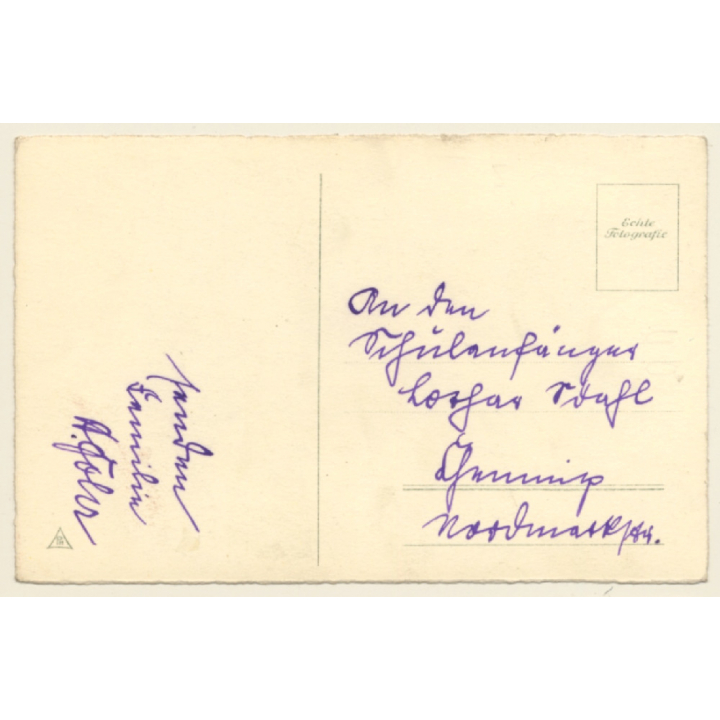 Little Boy With School Cone & Tornister / Schultasche (Vintage RPPC ~1930s)