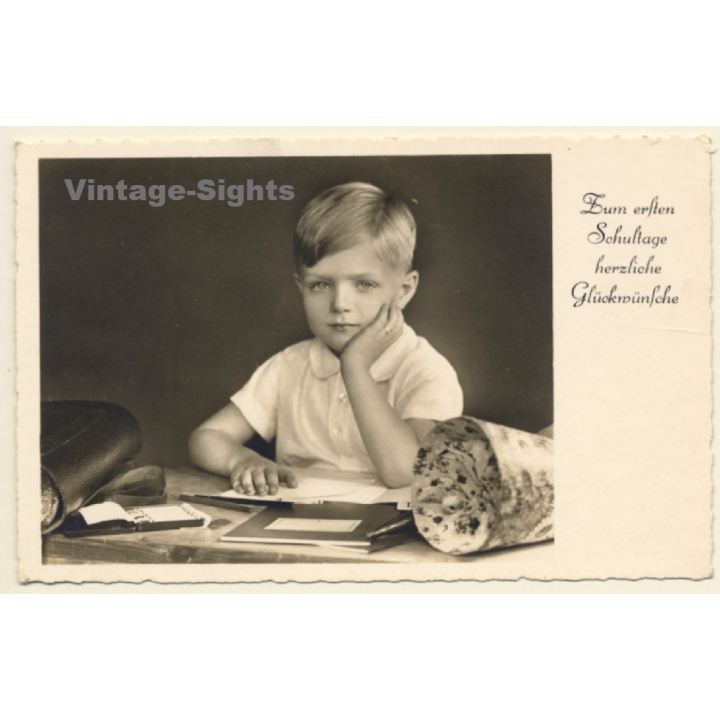 Little Boy At School Table / School Cone & Tornister (Vintage RPPC ~1930s)