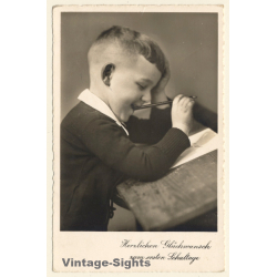 Little Boy Chewing Pencil At School Desk (Vintage RPPC ~1930s)