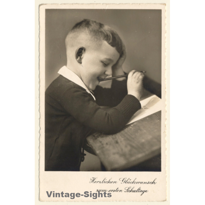 Little Boy Chewing Pencil At School Desk (Vintage RPPC ~1930s)