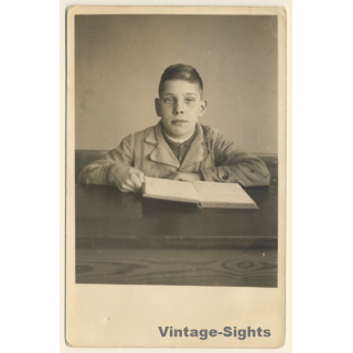 School Boy Reading Book At School Desk (Vintage RPPC ~1930s)