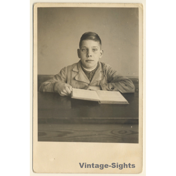 School Boy Reading Book At School Desk (Vintage RPPC ~1930s)