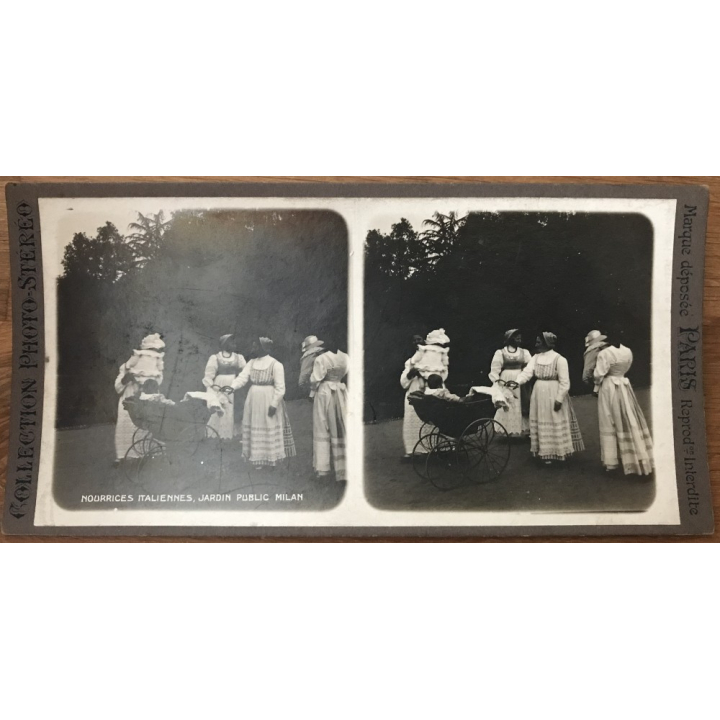 Italien Nurses, Public Garden Milan / Italy (Vintage Stereo Photo)