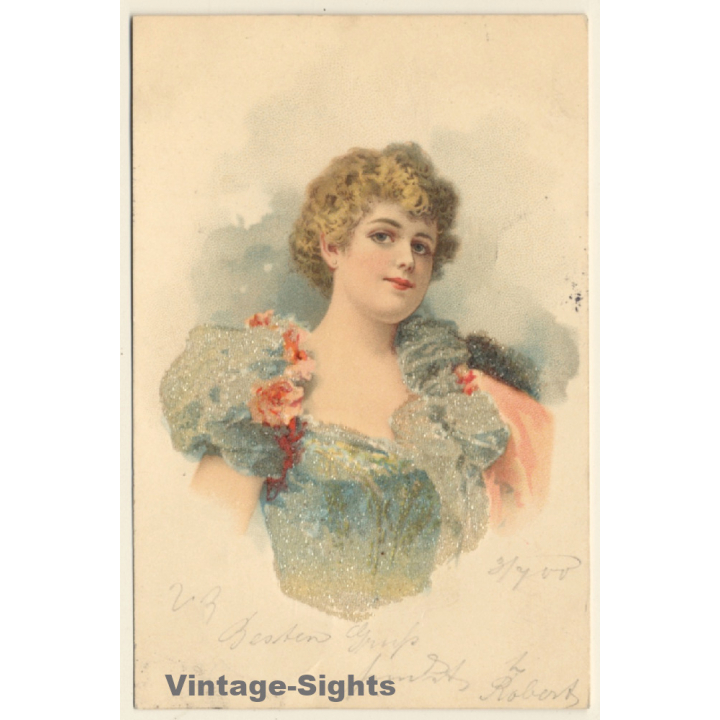 Elegant Blonde Female In Fancy Dress (Vintage Glitter PC 1900)