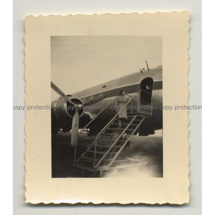 Airport Haven: Woman On Stairs Of Douglas DC4 / Sabena (Vintage Photo B/W ~1950s)