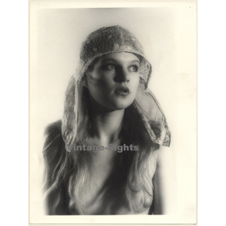 Erotic Study by Pjotr Van Moock: Upper Body Of Pretty Blonde Nude With Headscarf (Vintage XL Photo 40 x 30 CM 1980s)