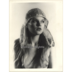 Erotic Study by Pjotr Van Moock: Upper Body Of Pretty Blonde Nude With Headscarf (Vintage XL Photo 40 x 30 CM 1980s)