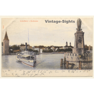 Lindau a. Bodensee: Dampfer verlässt Hafen (Vintage PC 1905)