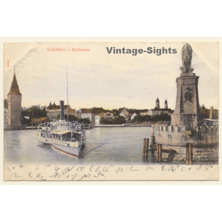 Lindau a. Bodensee: Dampfer verlässt Hafen (Vintage PC 1905)