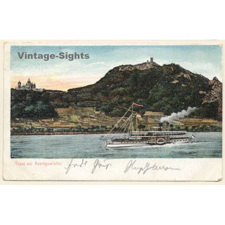 Königswinter: Raddampfer - Rhein - Drachenfels (Vintage PC 1903)