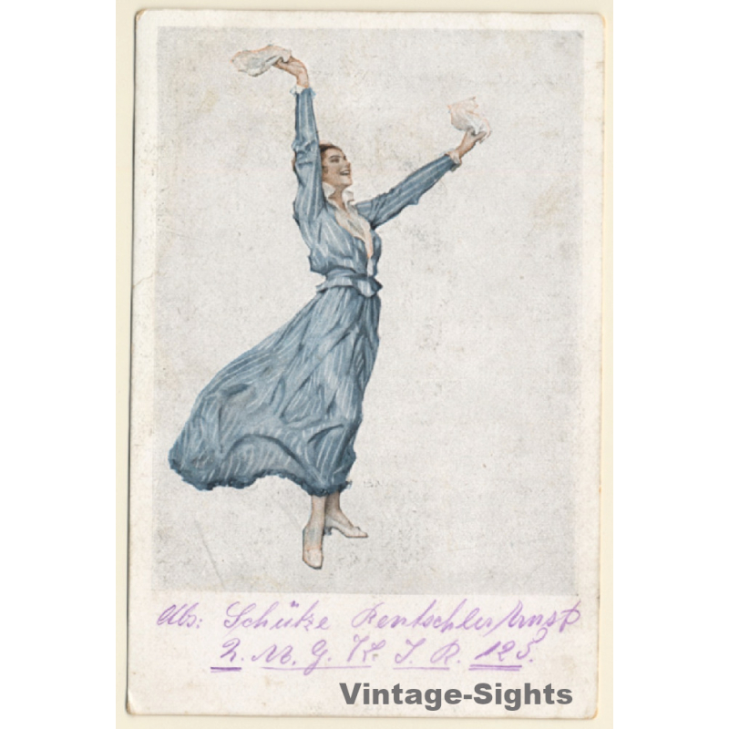 Bruno Wennerberg: Waving Woman In Blue Dress / Art Nouveau (Vintage PC 1910s)