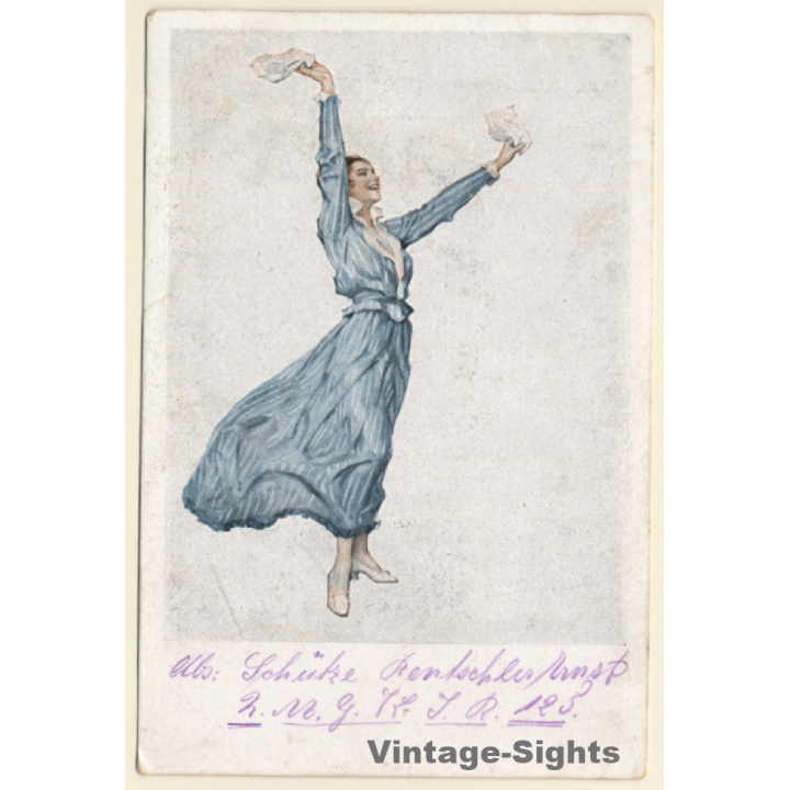 Bruno Wennerberg: Waving Woman In Blue Dress / Art Nouveau (Vintage PC 1910s)