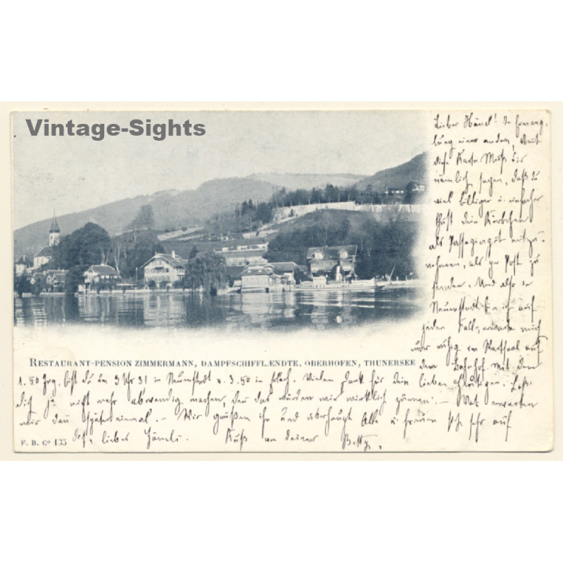 Oberhofen am Thunersee: Pension Zimmermann - Dampfschiff Ländte (Vintage PC 1903)
