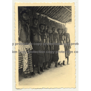 African Tribal Man & Women In Hut - Tribal Marks / Congo? (Vintage Photo B/W ~1930s/1940s)